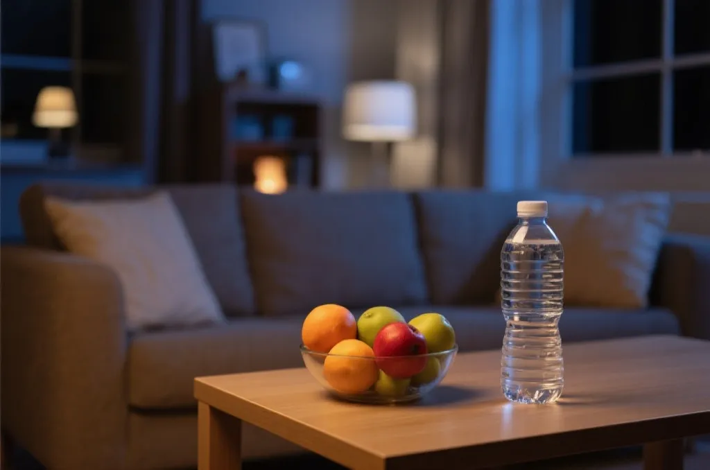 A cozy living room table at night with a water bottle and a bowl of fresh fruits, showing healthy staying-up habits.